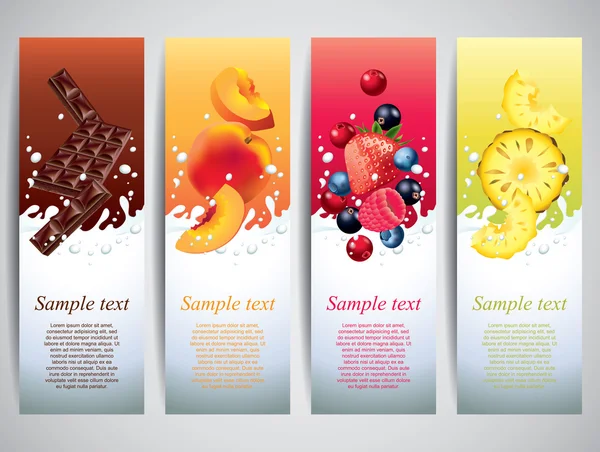 Fruits in milk splashes vector banners