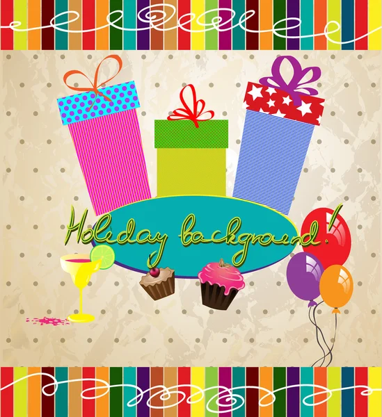 Vintage holiday background with gift boxes, cakes, air balloons