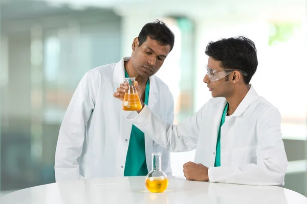 Two Indian scientists analyzing solution.