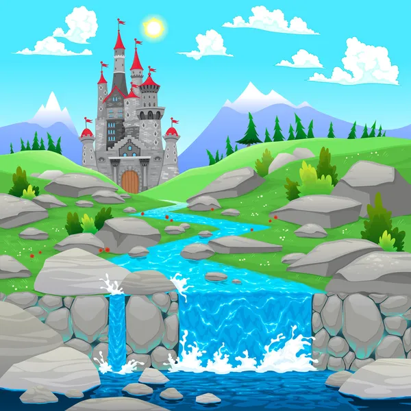 Mountain landscape with river and castle.