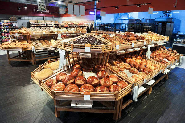 Variety of baked products at a supermarket