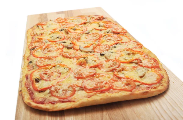 Pizza with mushrooms and tomatoes on white background
