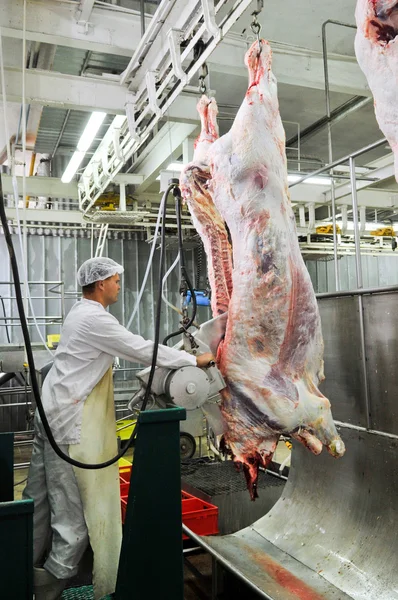 Cutting meat in a meat factory