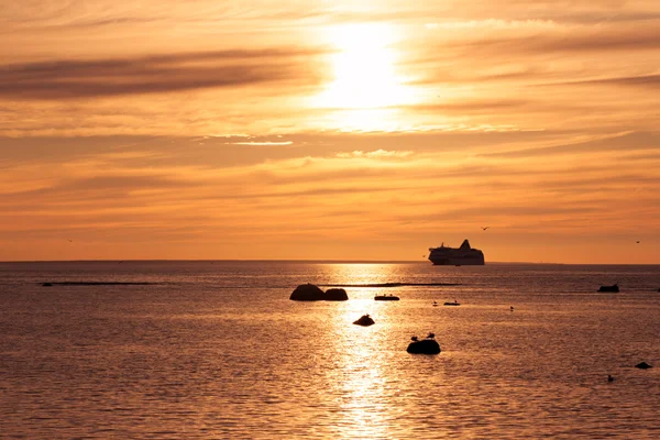 A cruise ship near the coast during sunset