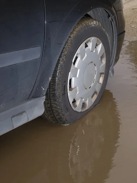 Car wheel in a puddle
