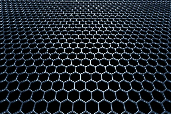 Blue steel grid with hexagonal holes in perspective view