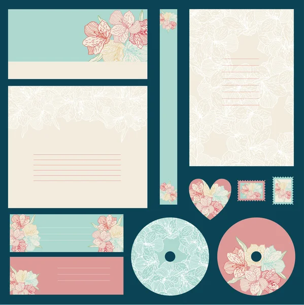 Set of wedding invitations with flowers background.