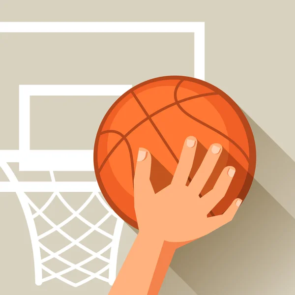 Sports illustration hand shot basketball ball through hoop.