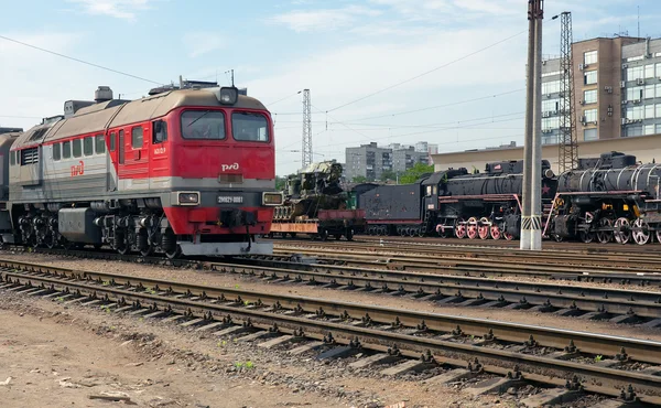 Diesel locomotive and two steam locomotives, Moscow, Russia