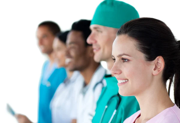 A medical group showing diversity standing in a line