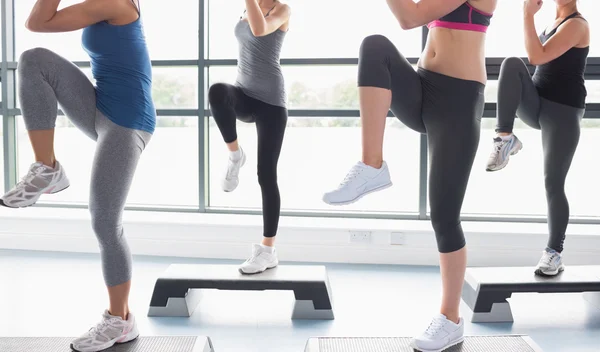 Women raising their legs while doing aerobics