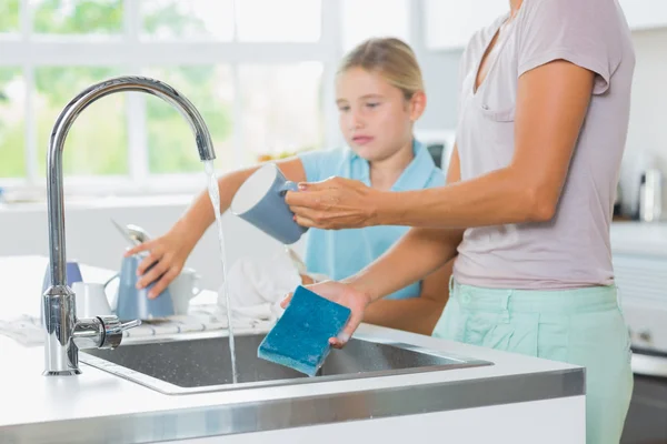 Daughter helping mother do the washing up