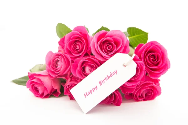 Close up of a beautiful bouquet of pink roses with a happy birth