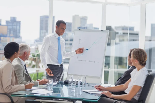 Manager pointing at a growing chart during a meeting