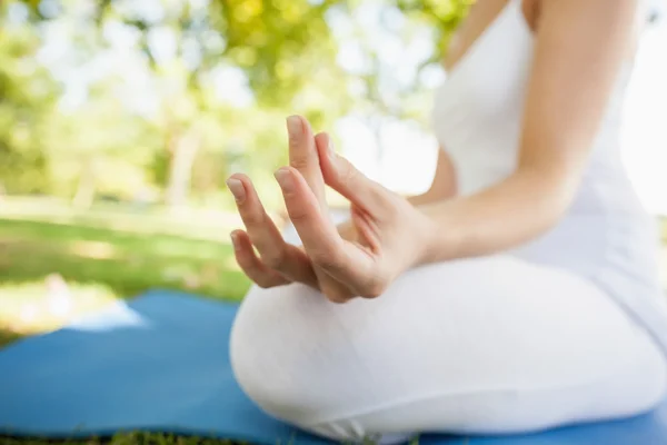 Close up of peaceful woman meditating sitting on a park