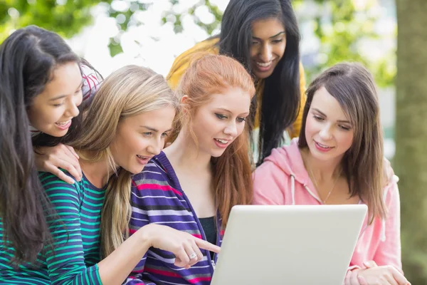 Young college girls using laptop in park