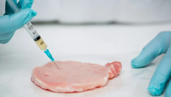 Close-up of gloved researcher\'s hands injecting meat