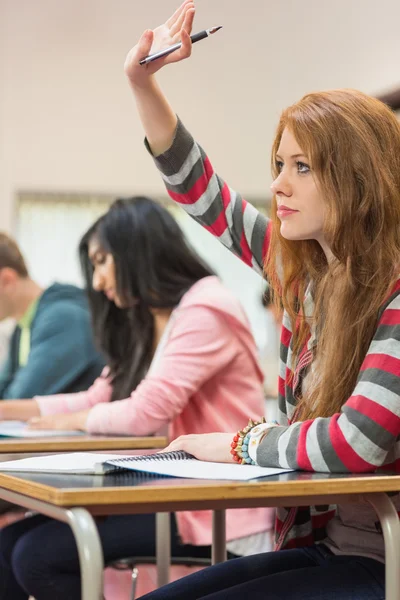 Female student raising hand by others in classroom