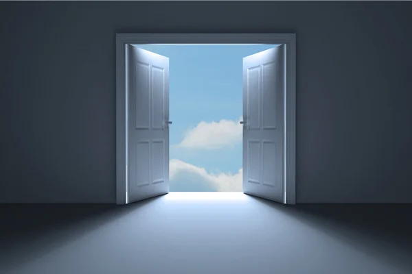 Door opening in dark room to show sky