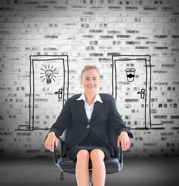 Composite image of businesswoman sitting on swivel chair in black suit