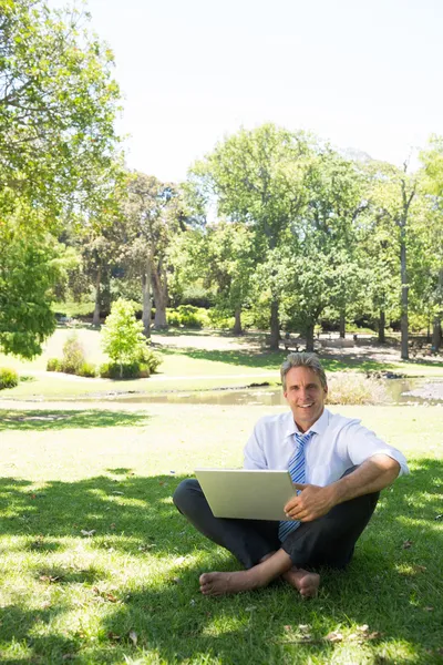 Businessman with laptop sitting in park