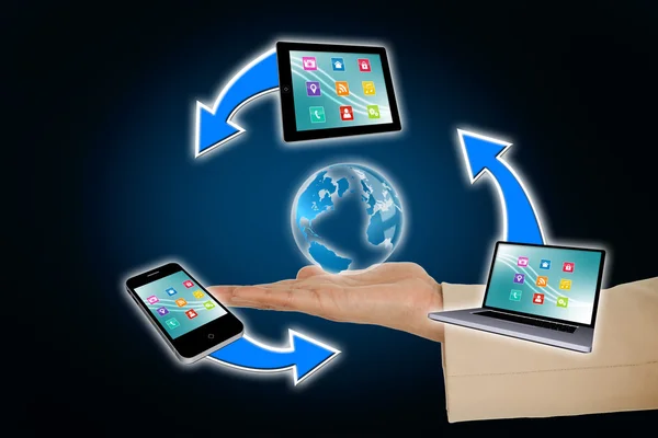 Hand presenting earth with media flowchart