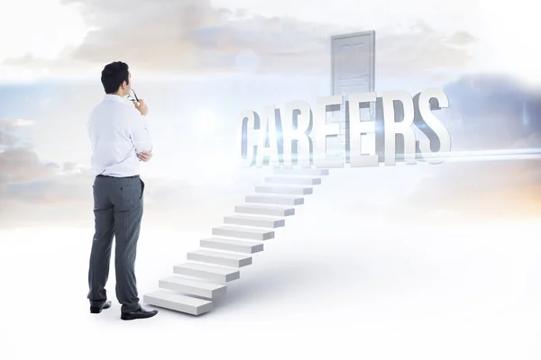 Careers against white steps leading to closed door