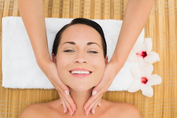 Smiling brunette enjoying a facial massage