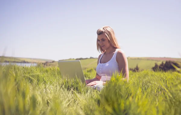 Pretty blonde sitting on grass using her laptop