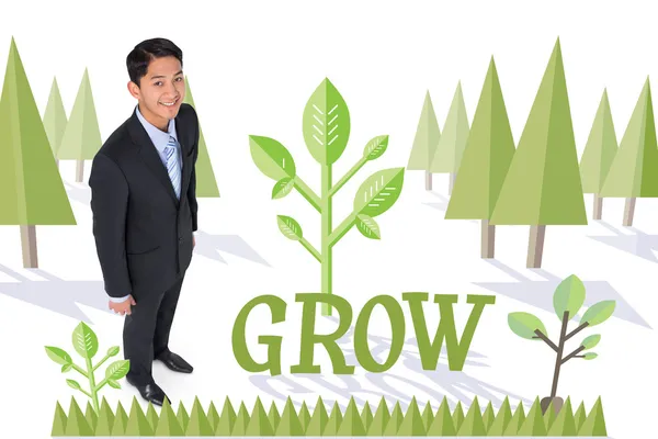 Word grow and smiling asian businessman