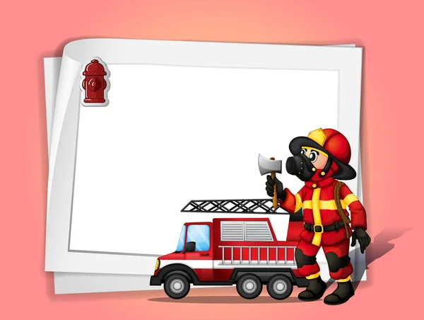 A fireman holding an ax beside his fire truck with a white blank