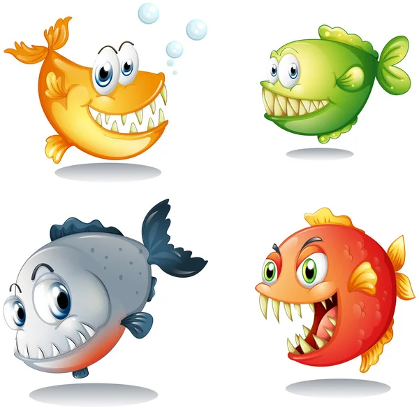 Four different kinds of fishes with big fangs