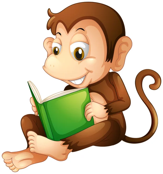A monkey sitting while reading a book
