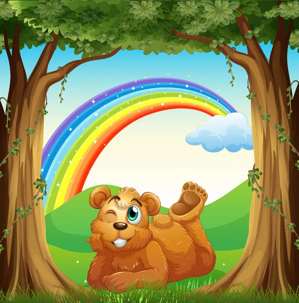 A smiling fat bear at the forest and a rainbow in the sky