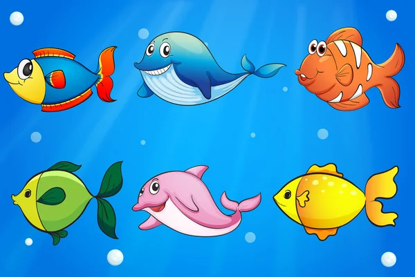 Six colorful and smiling fishes under the sea