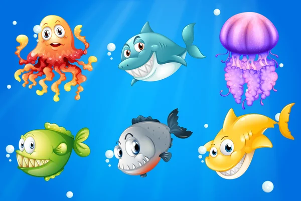 A deep ocean with smiling creatures