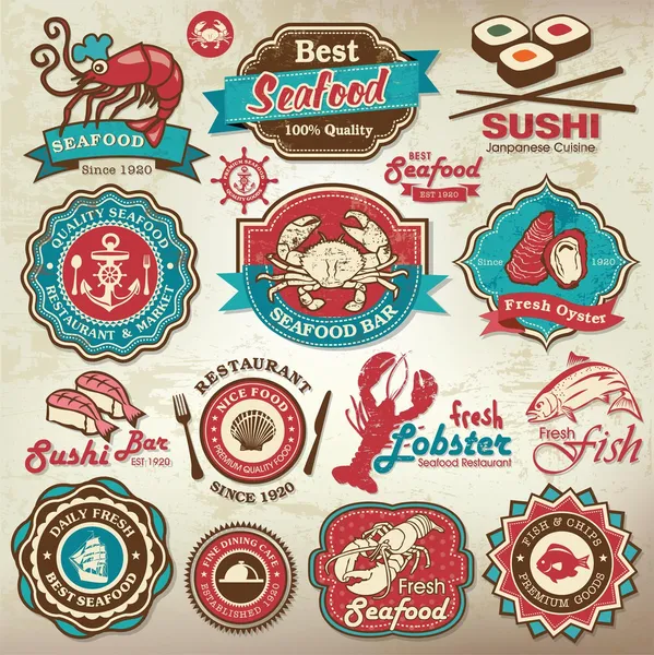Collection of vintage retro grunge seafood restaurant labels, badges and icons