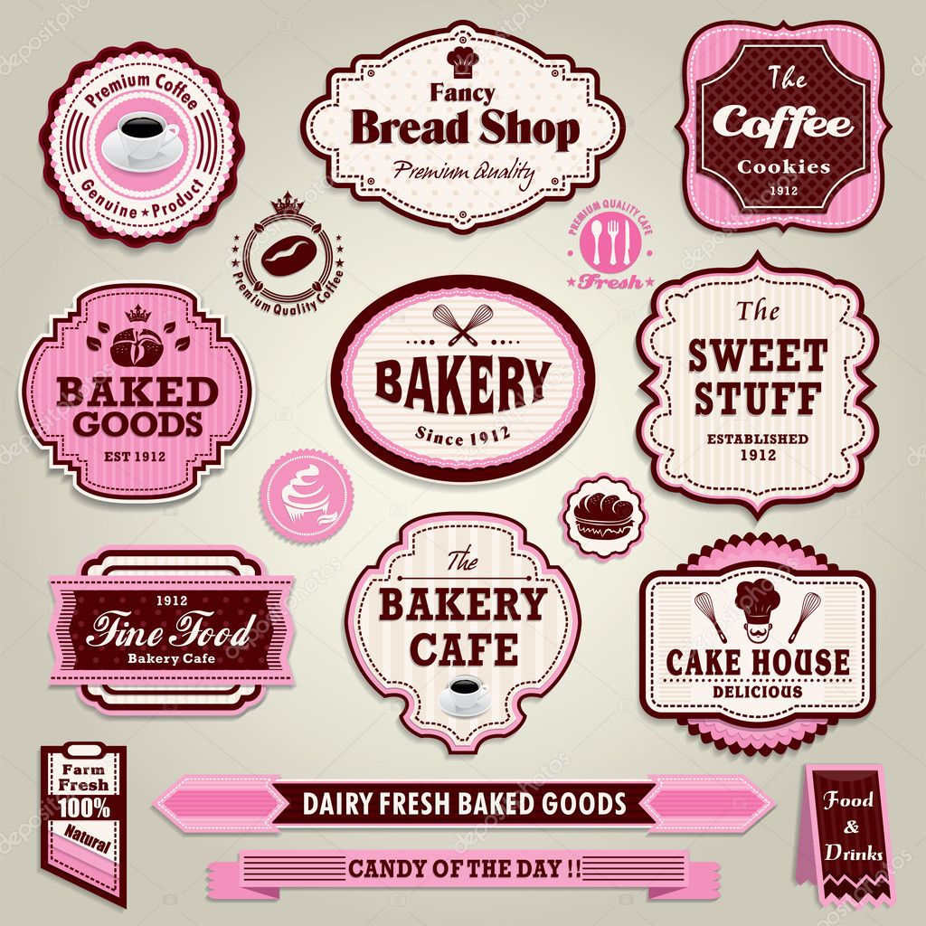 vector â€” Vintage label free Stock  set  cupcake, bakery, frame sandwich bread, cupcake vintage