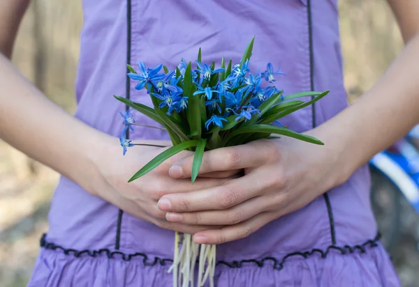 Girl holding hands bouquet of blue snowdrops