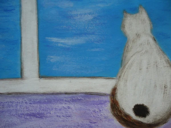 Painting cat at a blue window