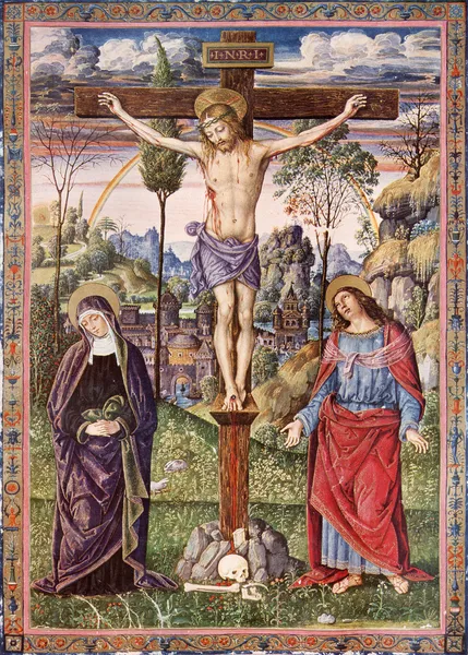 SLOVAKIA - 1937: Crucifixion of Jesus - Virgin Mary and Saint John the Evangelist. Lithography print in Missale romanum painted by Umbrica school published by Friderici Pustet in year 1937.