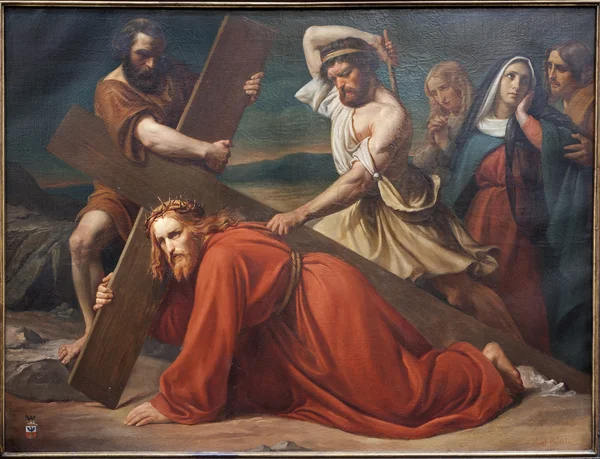 BRUSSELS - JUNE 21: The First Fall of Jesus on the cross way. Paint from church Notre Dame du Finstere by Albert Roberti from 1851 on June 21, 2012 in Brussels.