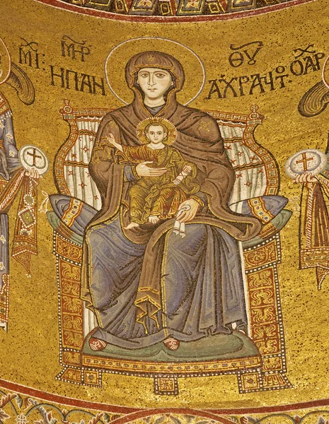 PALERMO - APRIL 9: Madonna on throne from main apse of Monreale cathedral. Church is wonderful example of Norman architecture. Cathedral was completed about 1200 on April 9, 2013 in Palermo, Italy.