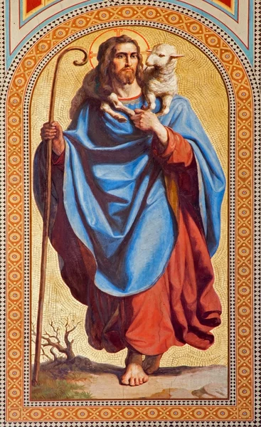 VIENNA - JULY 27: Fresco of Jesus Christ as Good shepherd by Karl von Blaas from 19. cent. in nave of Altlerchenfelder church on July 27, 2013 Vienna.