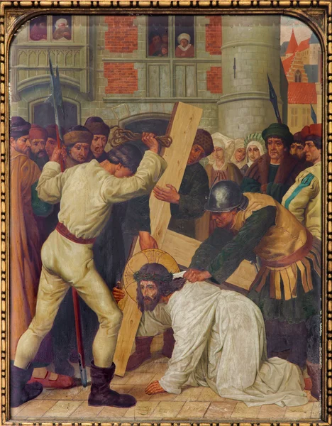 MECHELEN. BELGIUM- SEPTEMBER 4, 2013: Fall of Jesus under cross. Cross way cycle from 19. cent. in Onze-Lieve-Vrouw-va n-Hanswijkbasiliek church.