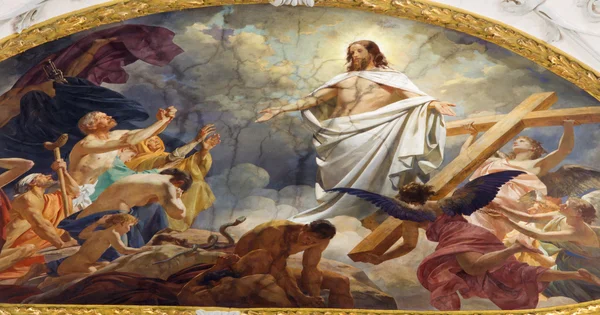VIENNA - JULY 3: Fresco of Resurrected Jesus in heaven from ceiling of Schottenkirche church on July 3, 2013 in Vienna.