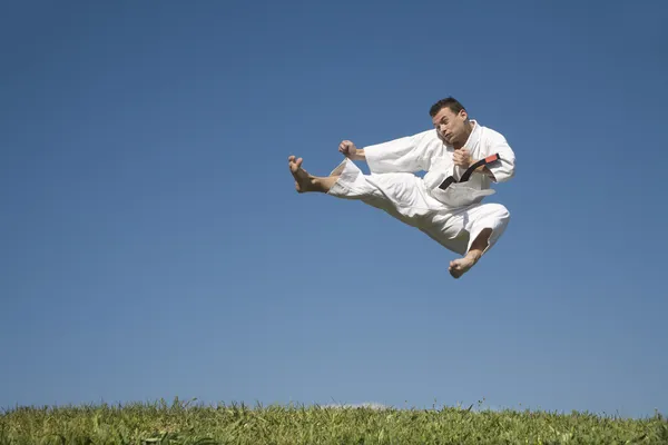 Karate kick of man