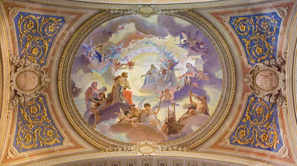 BOLOGNA, ITALY - MARCH 17, 2014: Ceiling restored fresco in baroque church Saint Mary Magdalene or Santa Maria Maddalena with the motive of assumption of the saint.
