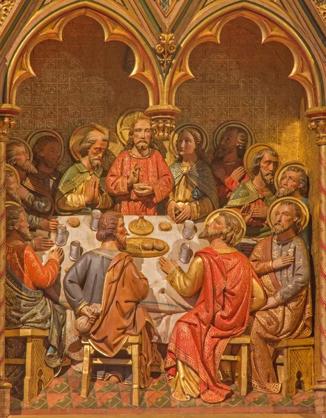 BRUGGE, BELGIUM - JUNE 13, 2014: The Last supper of Christ. Carving form main altar (19. cent.) in st. Giles (Sint Gilliskerk).