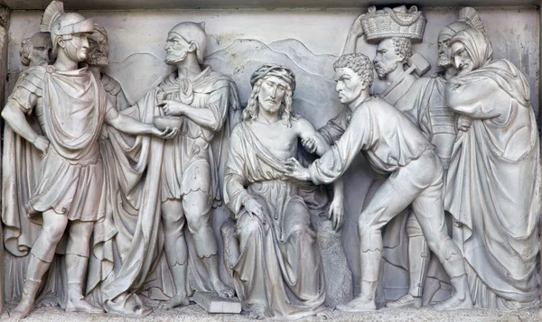 MECHELEN, BELGIUM - JUNE 14, 2014: Stone relief Jesus for Pilate  in church Our Lady across de Dyle.